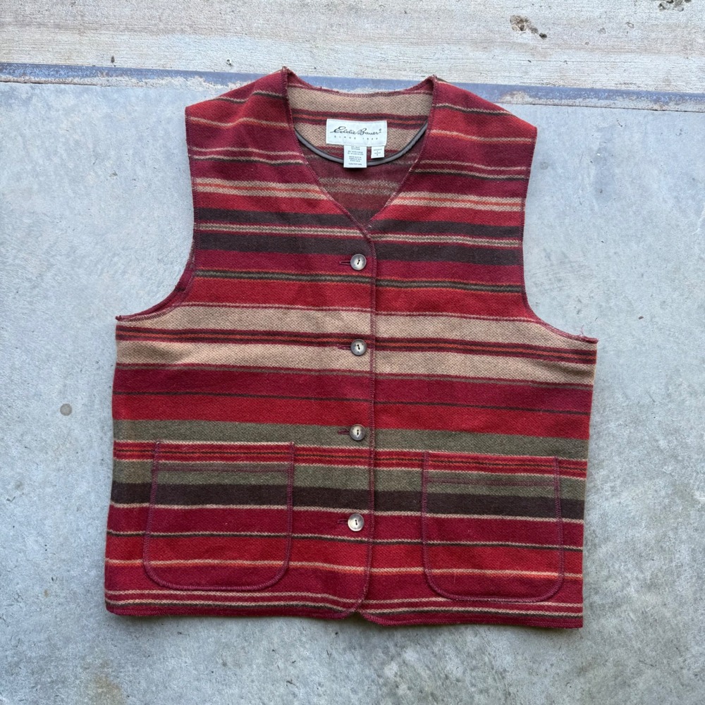 Vintage Eddie Bauer Wool Blend Striped Vest Red Southwestern Made in USA Large